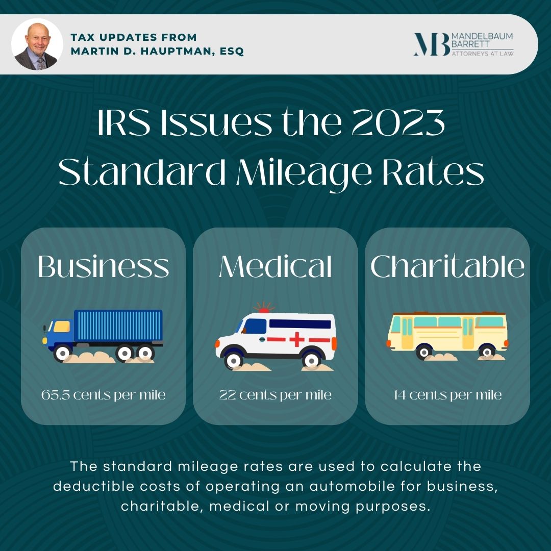 IRS Issues Standard Mileage Rates for 2023 Mandelbaum Barrett PC